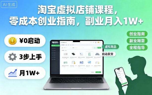 淘宝虚拟店铺课程，零成本创业指南，副业月入1W 
