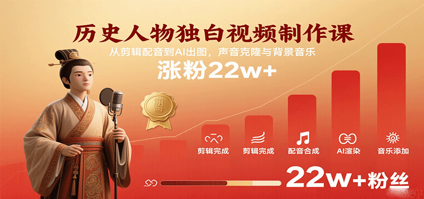 历史人物独白视频制作课，从剪辑配音到AI出图，声音克隆与背景音乐，涨粉22w 