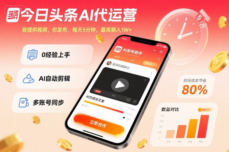 今日头条AI代运营，我提供视频，你发布，每天5分钟，最高躺入1W 【揭秘】