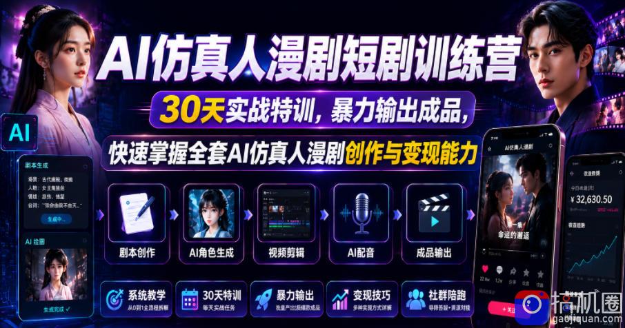 AI仿真人漫剧短剧训练营,30天实战特训,暴力输出成品,快速掌握全套AI仿真人漫剧创作与变现能力