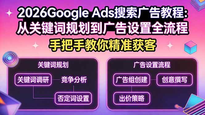 (17641期)2026Google Ads搜索广告教程:从关键词规划到广告设置全流程,手把手教你精准获客