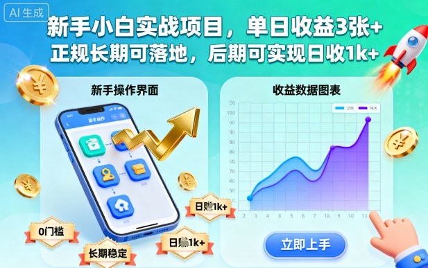 新手小白实战项目，单日收益3张 ，正规长期可落地，后期可实现日收1k 【揭秘】