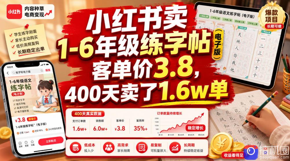 小红书卖1-6年级练字帖(电子版)，客单价3.8，400天卖了1.6w单