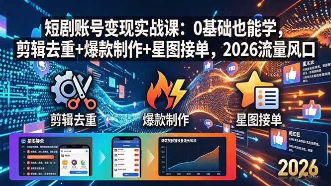 （18160期）短剧账号变现实战课：0基础也能学，剪辑去重 爆款制作 星图接单，2026流量风口