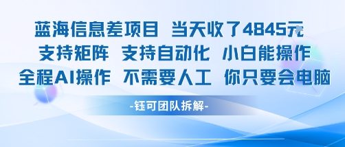 蓝海信息差项目当天收米1k  支持矩阵支持自动化小白能操作全程AI操作不需要人工你只要会电脑