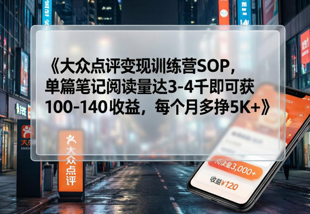 大众点评变现训练营SOP,单篇笔记阅读量达3-4千即可获100-140收益,每个月多挣5K