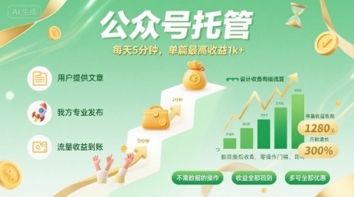 【公众号托管 】我提供文章,你发布,每天5分钟,单篇最高收益1k 【揭秘】