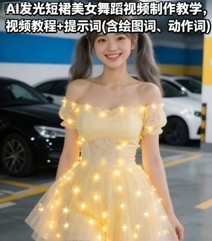 AI发光短裙美女舞蹈视频制作教学，视频教程 提示词(含绘图词、动作词)