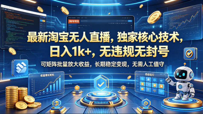 最新淘宝无人直播，独家核心技术，日入1k ，无违规无封号，可矩阵批量放大，长期稳定，无需人工值守【揭秘】