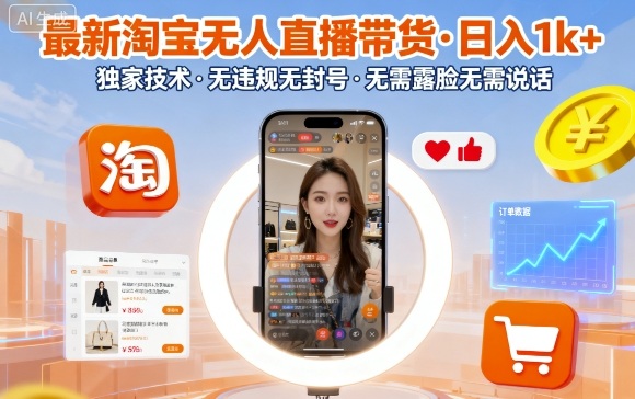 最新淘宝无人直播带货,日入1k ,独家技术,无违规无封号,无需露脸无需说话【揭秘】