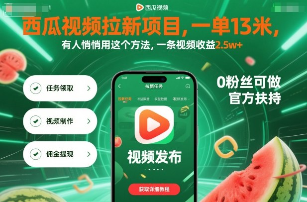 西瓜视频拉新项目,一单13米,有人悄悄用这个方法,一条视频收益2.5w (附详细教程)