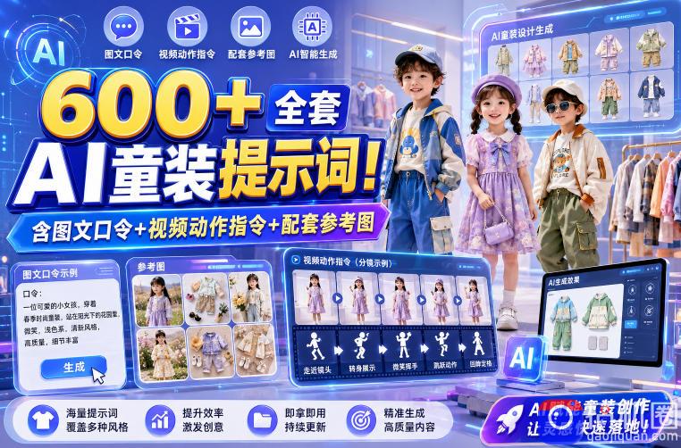 600 全套AI童装提示词!含图文口令 视频动作指令 配套参考图,Word-Excel规整分类,童装电商、种草无脑量产内容!