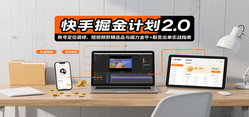 快手掘金计划2.0，账号定位装修、短视频剪辑选品与磁力金牛 裂变出单实战指南