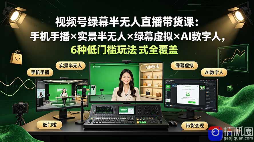 视频号绿幕半无人直播带货课:手机手播×实景半无人×绿幕虚拟×AI数字人,6种低门槛玩法全覆盖