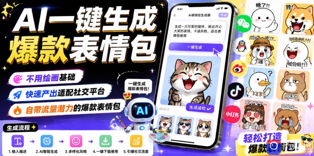 AI一键生成爆款表情包，不用绘画基础，快速产出适配社交平台，自带流量潜力的爆款表情包
