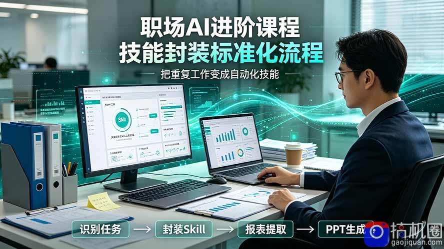 职场AI进阶课程;多类实用Skill工具实操,专属技能封装标准化流程,报表行业报告一键提取核心内容