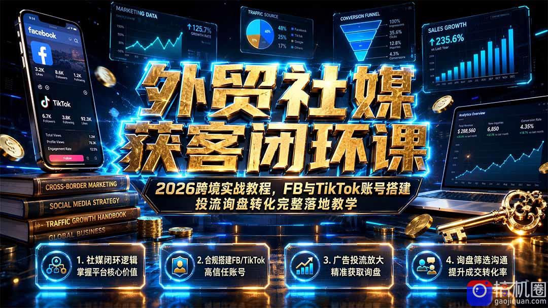 外贸社媒获客闭环课|2026跨境实战教程,FB与TikTok账号搭建投流询盘转化完整落地教学