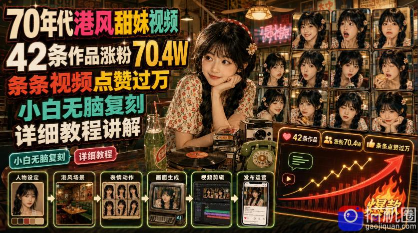 70年代港风甜妹视频,42条作品涨粉70.4W,条条视频点赞过万,小白无脑复刻,详细教程讲解