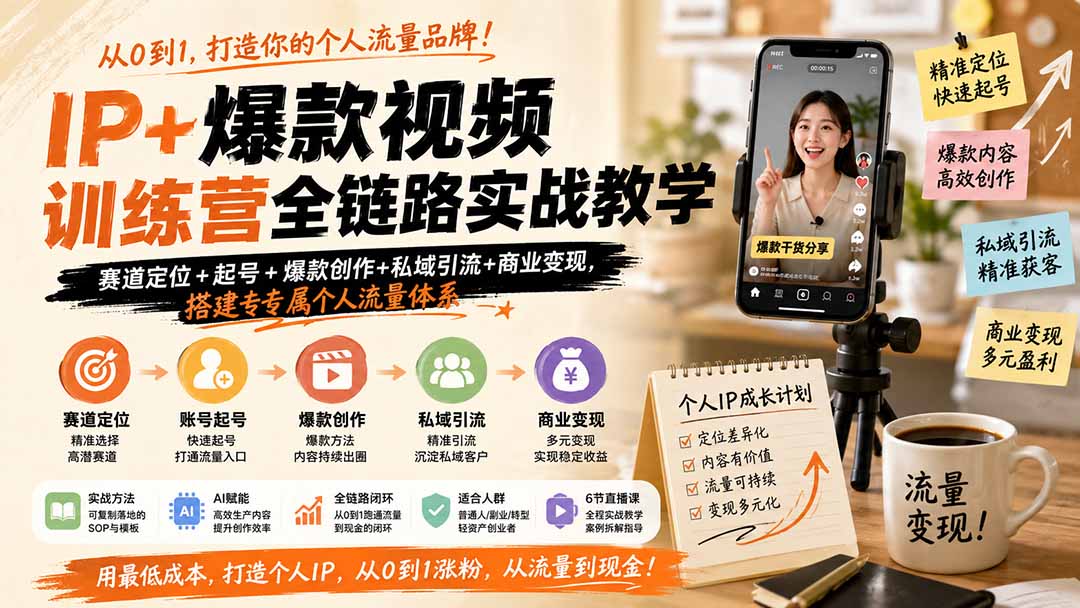 IP 爆款视频训练营全链路实战教学；赛道定位 起号 爆款创作 私域引流 商业变现，搭建专属个人流量体系