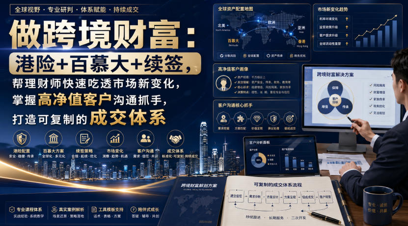做跨境财富:港险 百慕大 续签,帮理财师快速吃透市场新变化,掌握高净值客户沟通抓手,打造可复制的成交体系