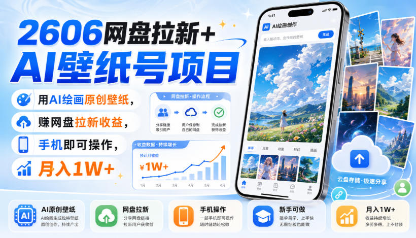 2606网盘拉新 AI壁纸号项目,用AI绘画原创壁纸,賺网盘拉新收益,手机即可操作,月入1W