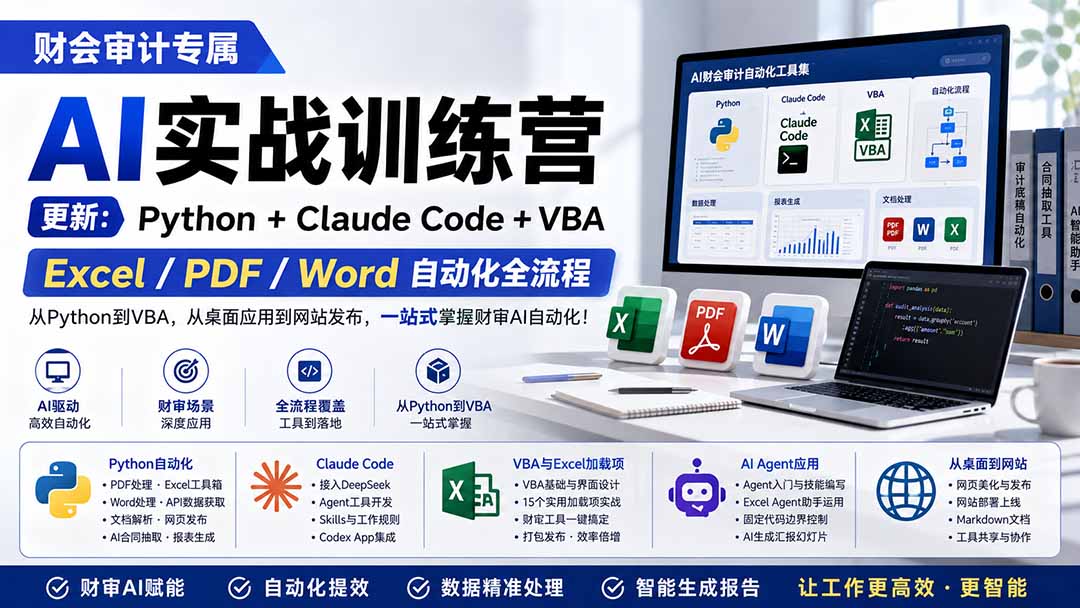 财会审计专属 AI实战训练营:Python Claude Code VBA,Excel/PDF/Word自动化全流程 (更新