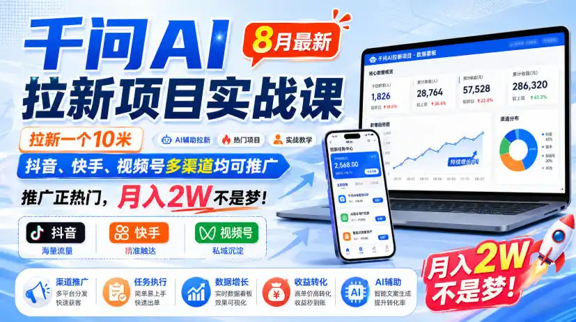 千问AI拉新项目实战课8月最新，拉新一个10米，抖音、快手、视频号多渠道均可推广，推广正热门，月入2W不是梦!