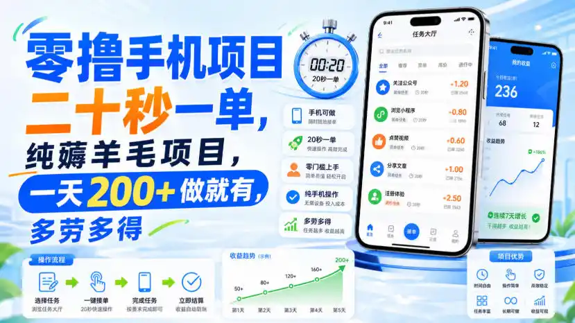 零撸手机项目，二十秒一单，纯薅羊毛项目，一天200 做就有，多劳多得【揭秘】