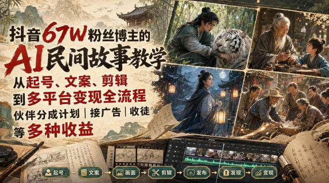 抖音67W粉丝博主的AI民间故事教学，从起号、文案、剪辑到多平台变现全流程，伙伴分成计划接广告等多种收益，月入1W 