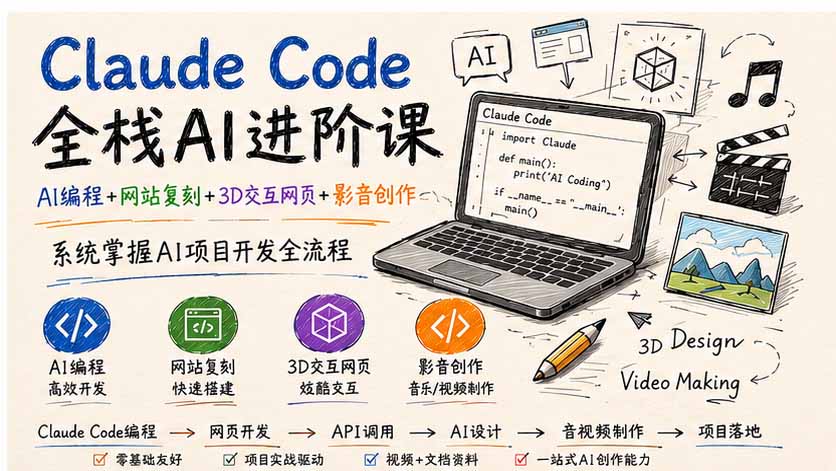 Claude Code全栈AI进阶课；AI编程 网站复刻 3D交互网页 影音创作，系统掌握AI项目开发全流程