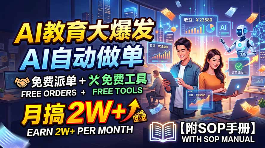 AI教育大爆发，AI自动做单，免费派单 免费工具，月搞2W 【附SOP手册】