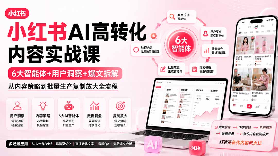 小红书AI高转化内容实战课：6大智能体 用户洞察 爆文拆解，从内容策略到批量生产复制放大全流程