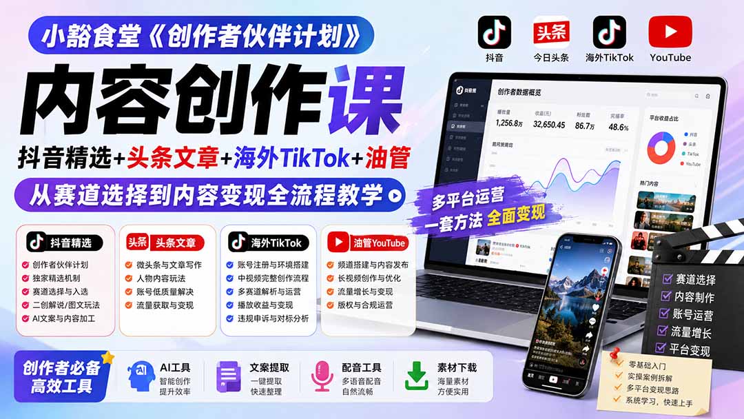 小豁食堂《创作者伙伴计划》内容创作课:抖音精选 头条文章 海外TikTok 油管,从赛道选择到内容变现全流程教学