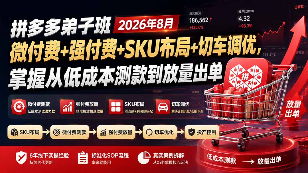 拼多多弟子班2026年8月：微付费 强付费 SKU布局 切车调优，掌握从低成本测款到放量出单