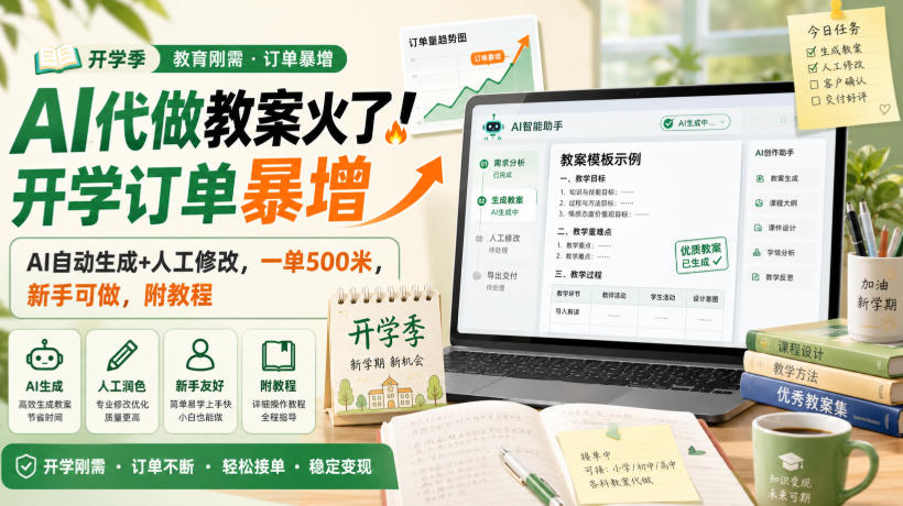AI代做教案火了！开学订单暴增，AI自动生成 人工修改，一单500米，新手可做，附教程【揭秘】
