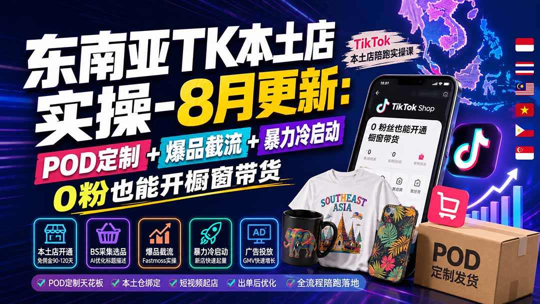 东南亚TK本土店实操-8月更新：POD定制 爆品截流 暴力冷启动，0粉也能开橱窗带货