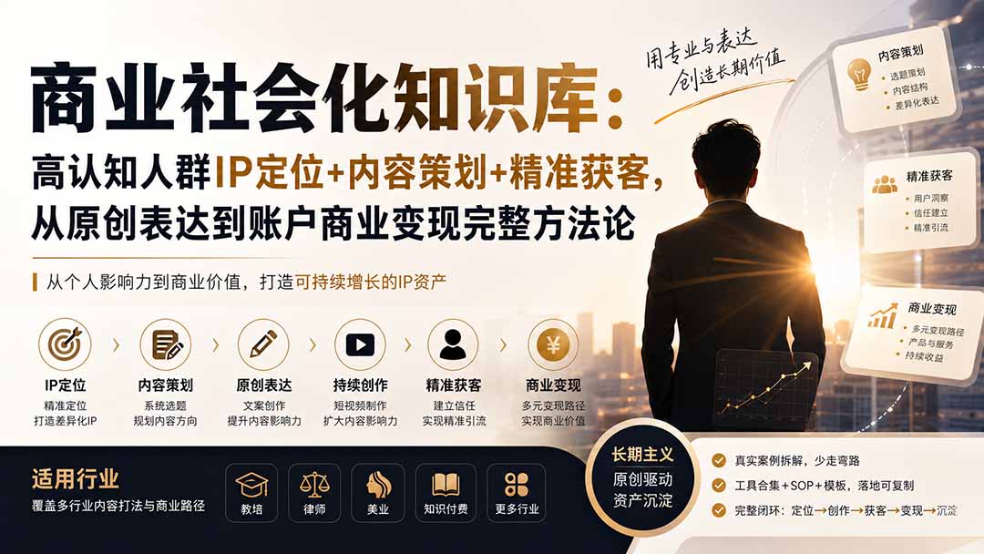 商业社会化知识库：高认知人群IP定位 内容策划 精准获客，从原创表达到账户商业变现完整方法论