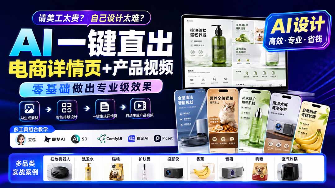 请美工太贵?自己设计太难?AI一键直出电商详情页 产品视频,零基础做出专业级效果 (更新0820