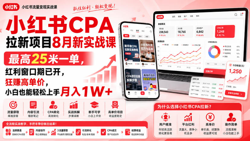 小红书CPA拉新项目8月新实战课，最高25米一单，红利窗口期已开，狂賺高单价，小白也能轻松上手月入1W 