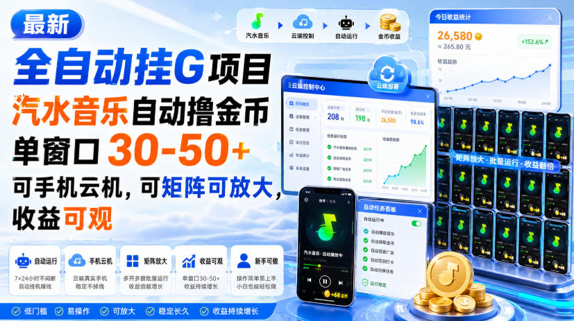 最新全自动挂G项目，汽水音乐自动撸金币单窗口30-50 ，可手机云机，可矩阵可放大，收益可观