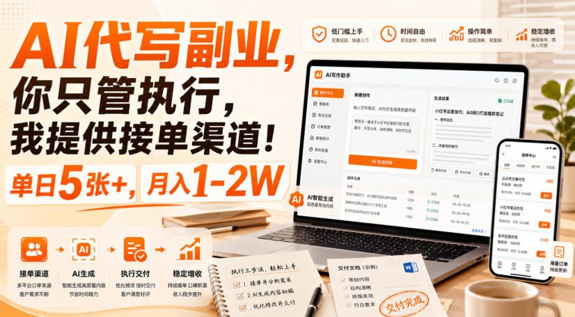 AI代写副业，你只管执行，我提供接单渠道！单日5张 ，月入1-2W【揭秘】