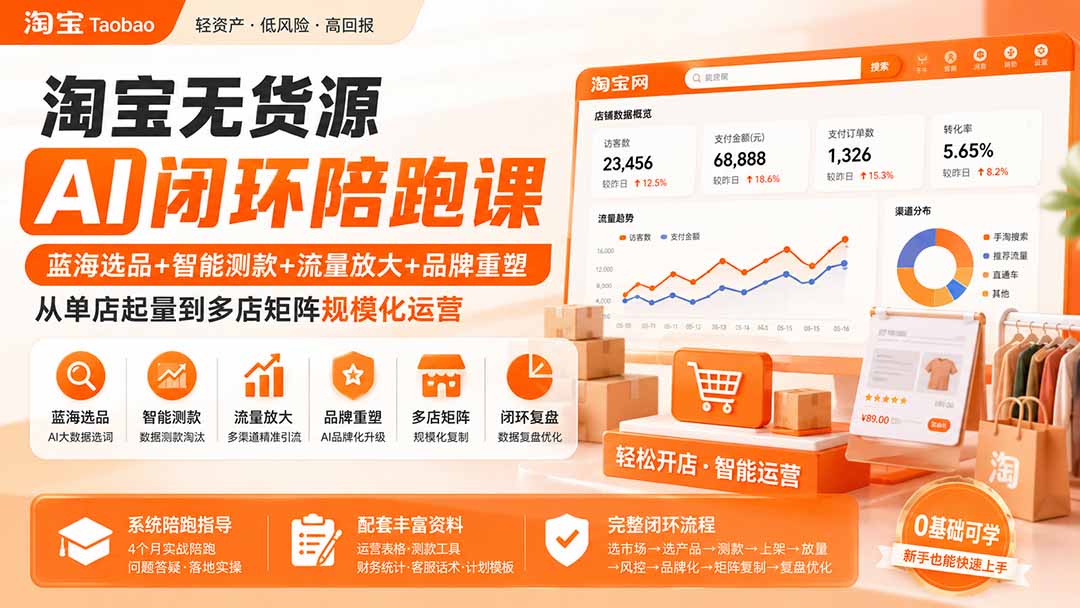 淘宝无货源AI闭环陪跑课：蓝海选品 智能测款 流量放大 品牌重塑，从单店起量到多店矩阵规模化运营