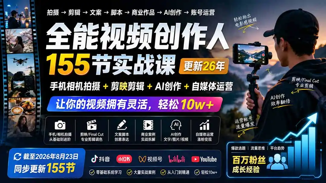 全能视频创作人155节实战课-更新26年8月：手机相机拍摄 剪映剪辑 AI创作 自媒体运营，让你的视频拥有灵活，轻松10w