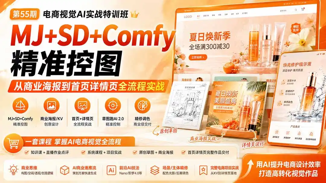 电商视觉 AI实战训练营第55期:MJ SD Comfy精准控图,从商业海报到首页详情页全流程实战