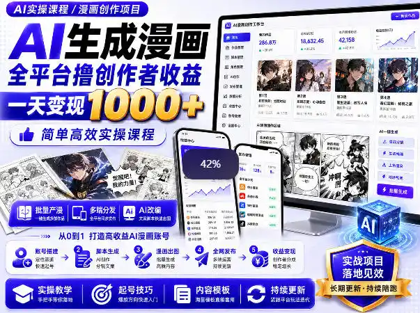 AI生成漫画全平台撸创作者收益内部课程，实操最高单日变现1k 