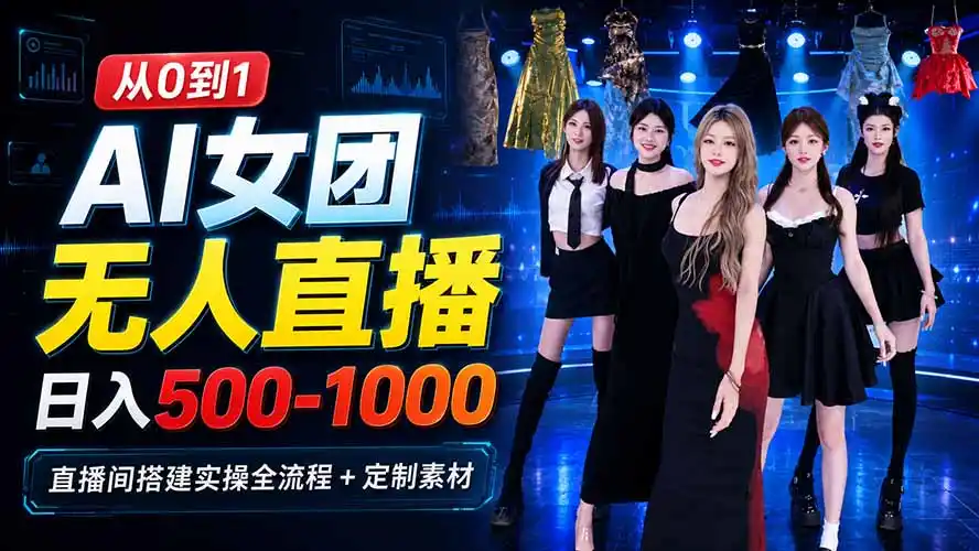 AI 女团无人直播，躺入500-1000每天，直播间搭建实操全流程 定制素材
