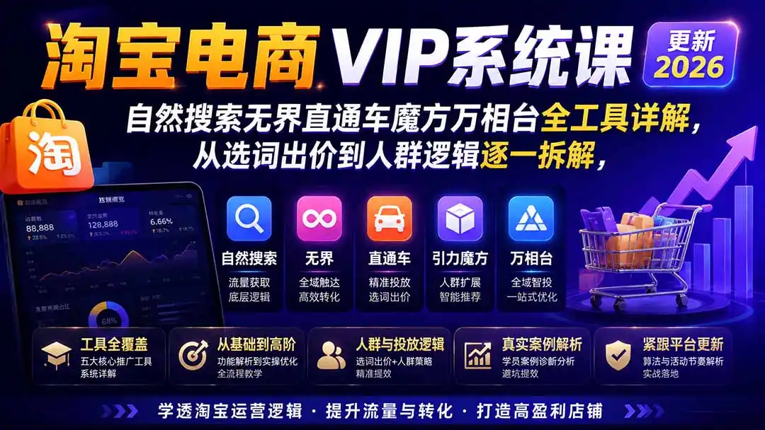 2026淘宝电商终局之战VIP课-更新：自然搜索 直通车 无界 精准人群，系统掌握测款动销与全店推广布局方法