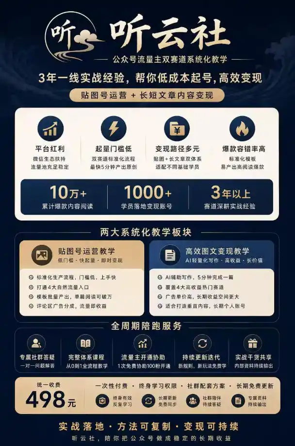 听云社公众号流量主双赛道系统化教学,3年一线实战经验,帮你低成本起号,高效变现,贴图号运营 长短文章内容变现
