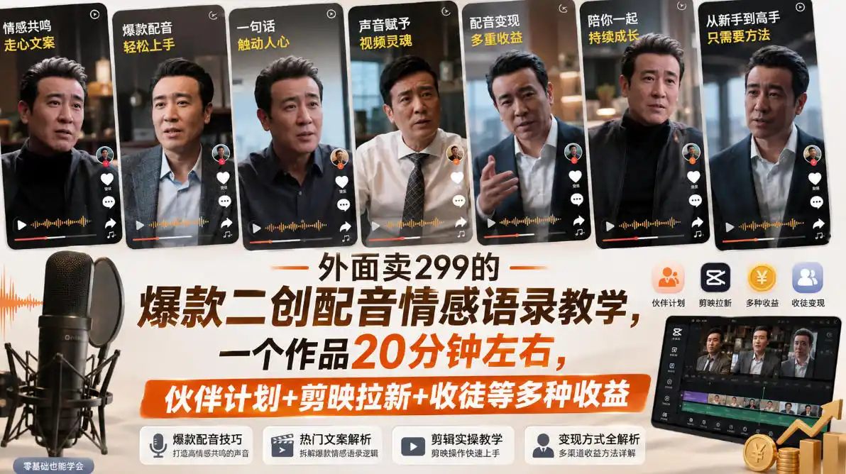 外面卖299的爆款二创配音情感语录教学，一个作品20分钟左右，伙伴计划 剪映拉新 收徒等多种收益