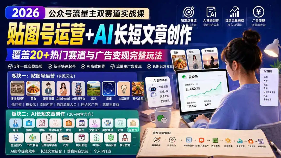 公众号流量主双赛道实战课：贴图号运营 AI长短文章创作，覆盖20 热门赛道与广告变现完整玩法